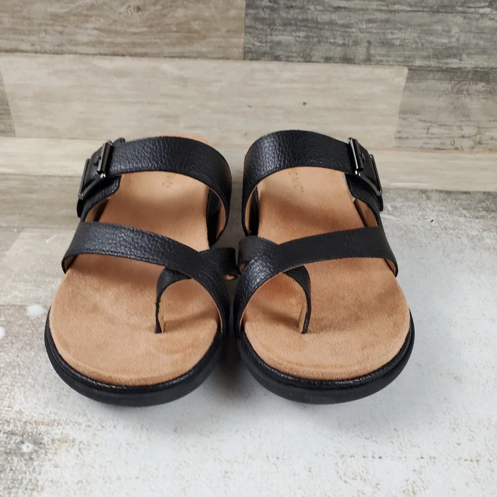 Vionic Carmela Womens Strappy Slide Sandals Sz 9 M Black Leather Toe Post Loop